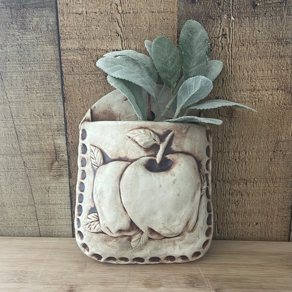 Clay Apple Flower Wall Pocket/Raw Ceramic Art/MCM Cottage Rustic Wall Accent